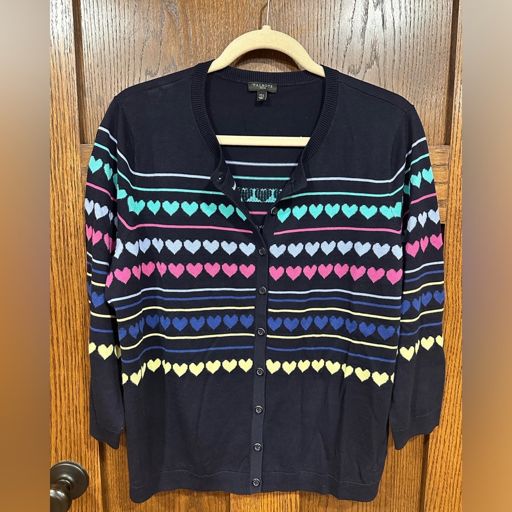 Talbots Petite XL 3/4 Sleeve Navy Cardigan with Heart Design